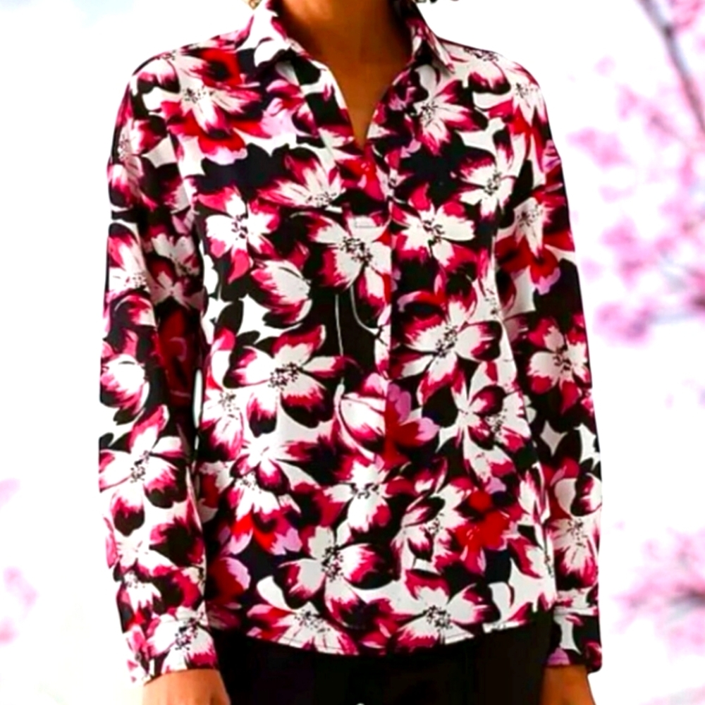 Rafaella Woven Top Relaxed Fit Size M Floral Long Sleeve Pink Black White